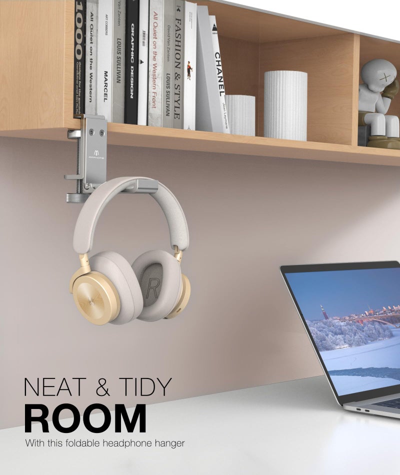 Apphome Foldable Headphone Stand and Hook â€“ Aluminum Headset Holder Clamp Mount Under Desk, Universal Fit for Gaming Headphones, Space-Saving Hanger Organizer - Image 2